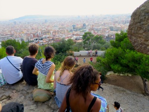 View of Barcelona and some hungover youths at Park Güell